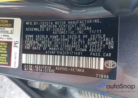 2012 Toyota Camry Le z USA, uszkodzony, nr VIN 4T4BF1FK3CR171491